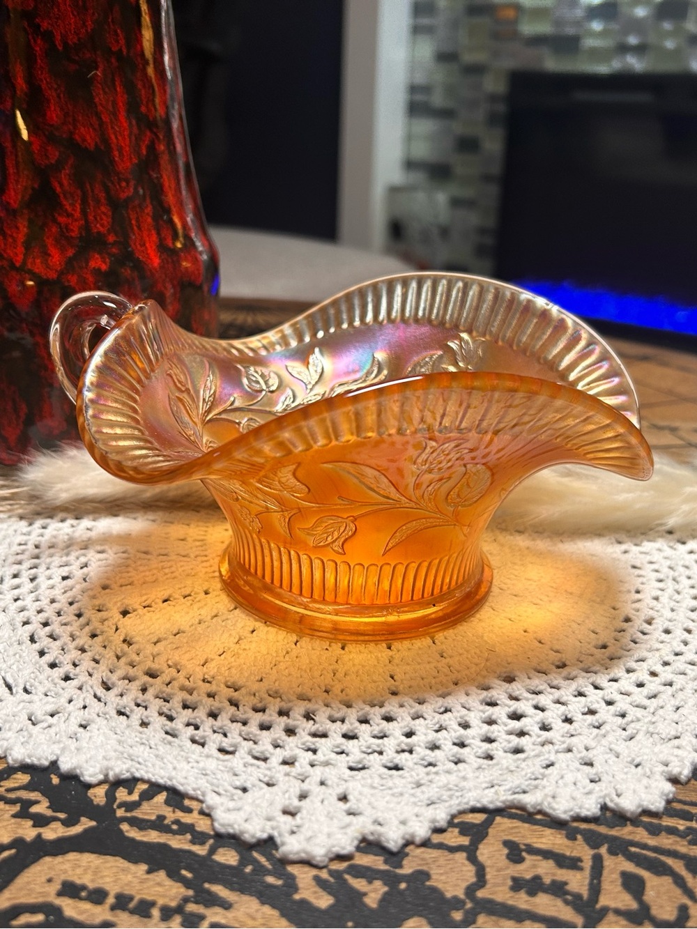Antique Dugan Windflower Carnival Glass Nappy Dish | Marigold Iridescent Handle